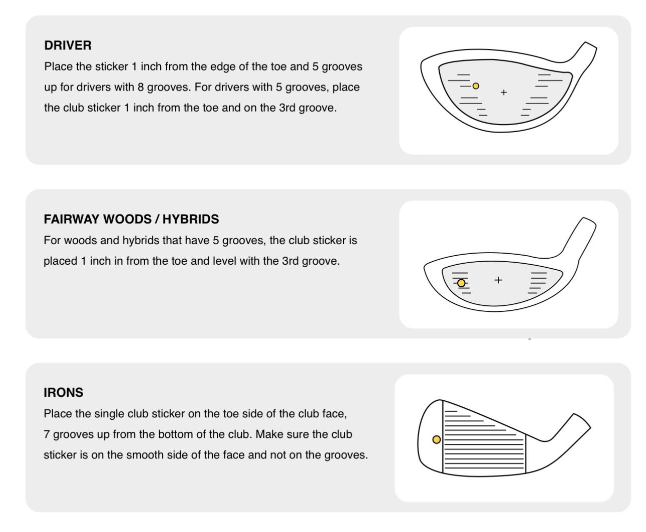 How to place reflective stickers on irons, woods, and drivers